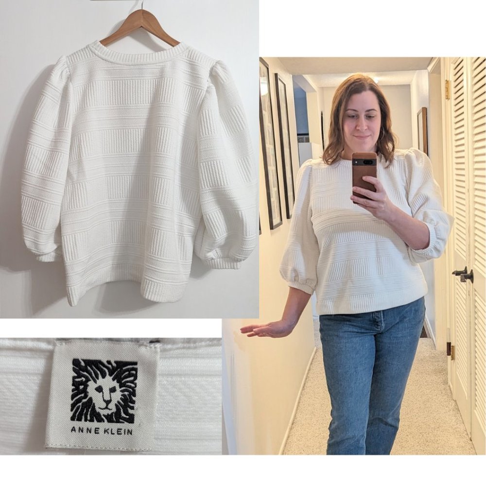 White Anne Klein Puffy Sleeve Sweater Sweatshirt Women's Size XL
